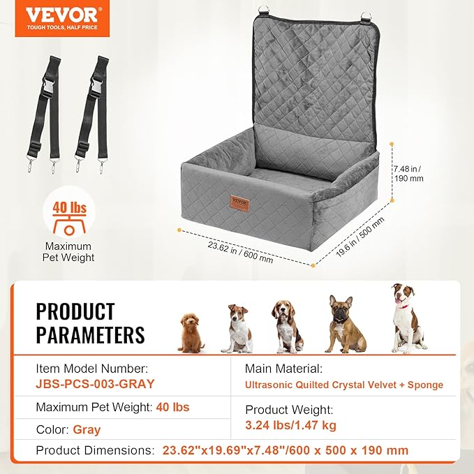 VEVOR Dog Car Seat, Dog Booster Seat for Car with a Storage Pocket, Clip-On Safety Leash, Sponge and PP Cotton Filling, Vehicle Bed for Small & Medium Dogs up to 40lbs,Gray