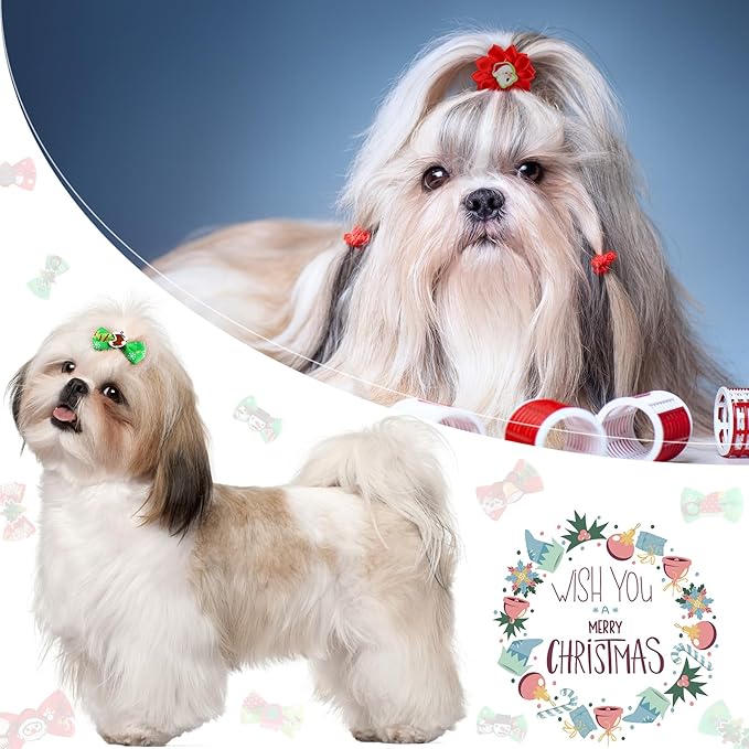 Weewooday 70 Pcs Dogs Hair Holiday Dog Bows Bowtie with Rubber Band Pet Hair Accessories Puppy Bowknot Topknot Pet Grooming Bow for Holiday Christmas Small Puppy Decor(Multiple Style)