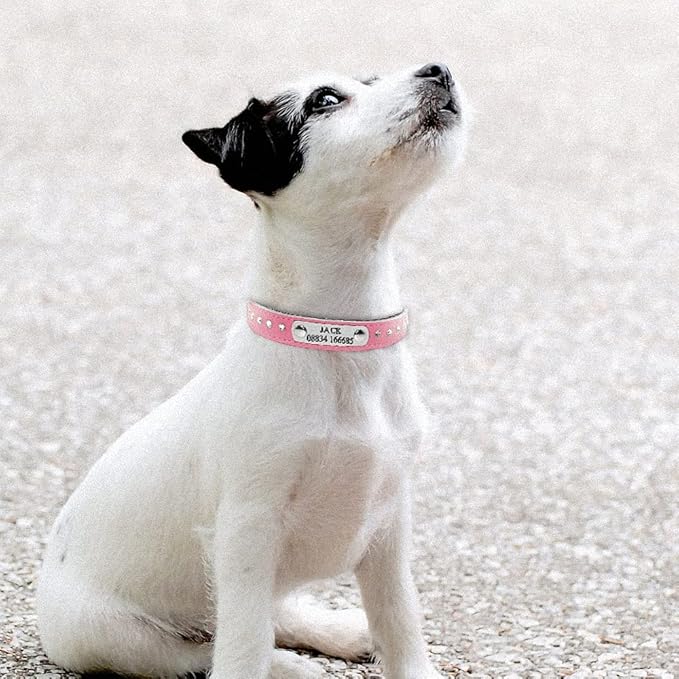 Custom Leather Dog Collars Adjustable Padded Rhinestone Personalized Dogs ID Collar Free Engraving for Small Medium Dogs Cats Pink S