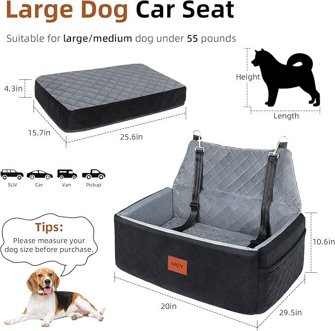 MCY Dog Car Seat for Large Medium Dogs, Dog Booster Seat with Thick Cushion, Portable Washable Pet Under 55 lbs, 2 Safety Leashes Travel Car Bed, Suitable for Home and Outdoor, Black/Grey