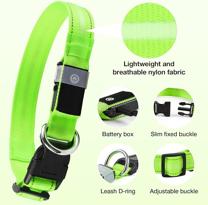 Light Up Dog Collar, USB Rechargeable 6 Modes, Waterproof Charging Port, Long Lasting LED Collar - Adjustable Nylon Reflective for Dogs, Sizes S/M/L (7/9/11 Lights) - 5 Colors (Green, L)
