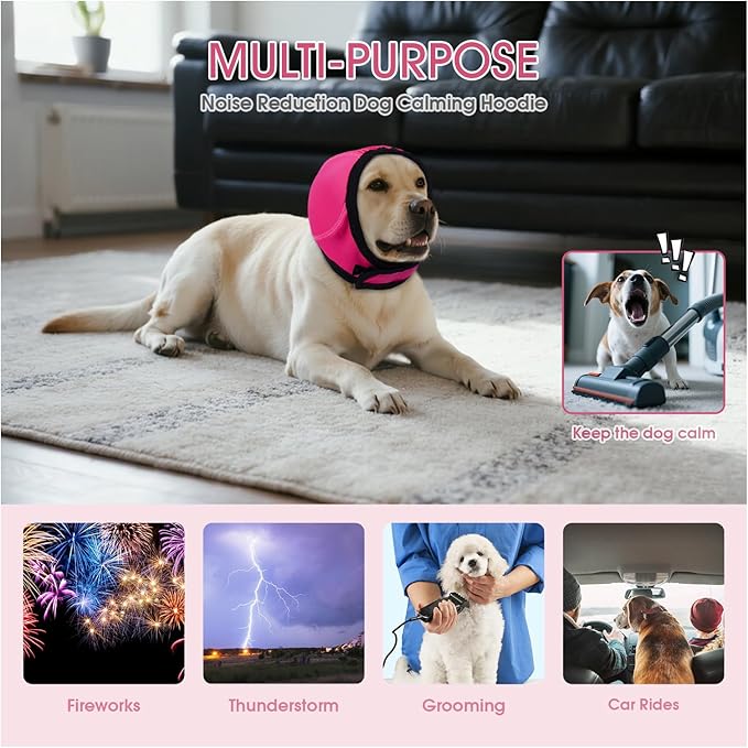 Dog Calming Hoodie for Noise Reduction Anxiety Relief,Dogs Ear Head Cover,No Shake Ear Wraps for Dogs,Dog Ear Headband Muffs Head Wraps for Grooming Firework Force Drying,Rosered,L