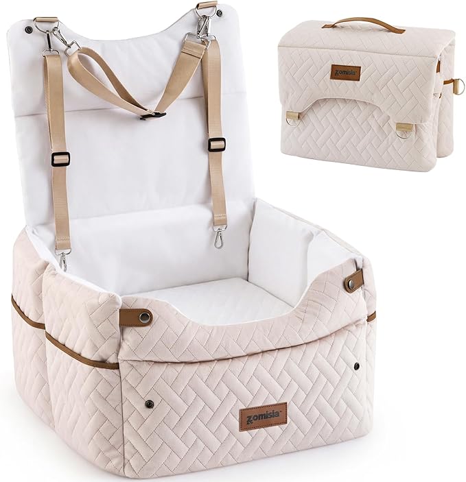 Elevated Dog Car Seat for Small Dogs, 3 Adjustable Heights with 2 Egg Crate Foam Boosters 4"+2", Dual-Sided Cooling&Plush Waterproof Cover, 2 Safety Leashes & Buckles, Beige
