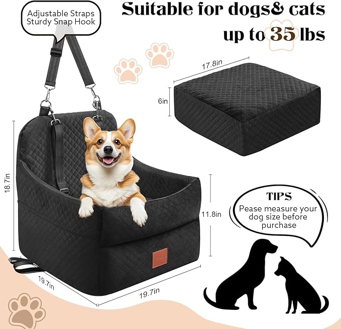 Dog Car Seat for Small/Medium Dogs Under 35lbs, Memory Foam Dog Booster Seats with Washable Removable Cover, Travel Portable Pet Car Seat with 2 Safety Belts and Storage Pockets (Black, Medium)