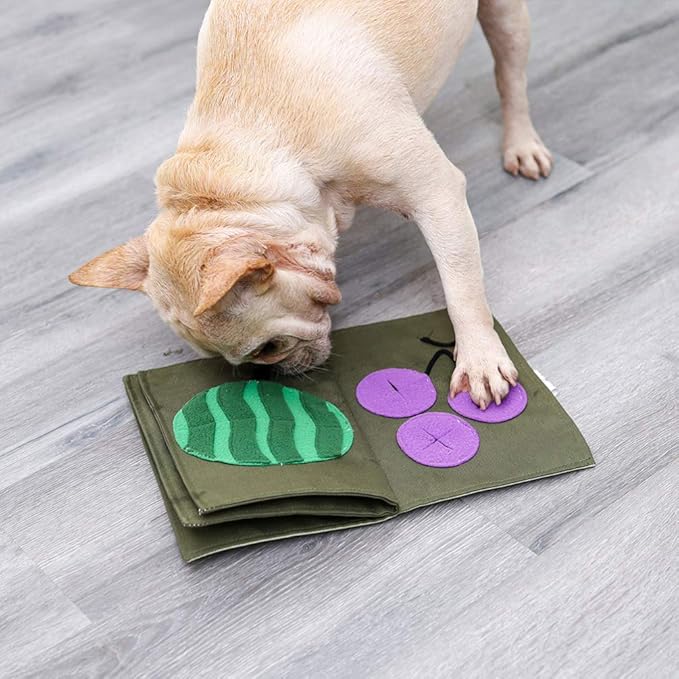 POPETPOP Tricky Treat Toy Interactive Food Dispensing Dog Blanket Pet Training Book for Dogs Slow Feeder Activity Mat Safe Fleece Engaging Puzzle for Feeding and Playtime