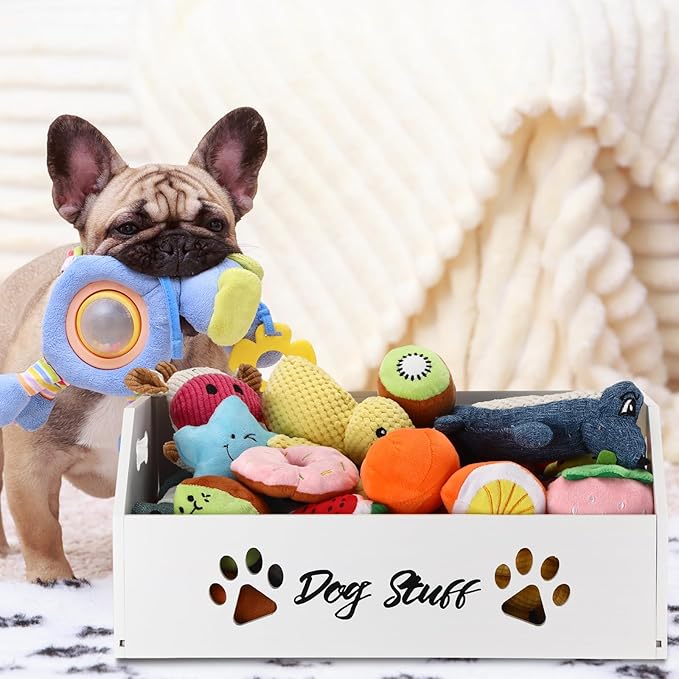 Leinuosen Large Dog Toy Bin Basket, 20 Inch Large Stuff Toy Storage Basket Bin with Bone Handle Cutout Pattern Pine Container for Organizing and Storage Dog Leash Chew Toys(White, Undivided)