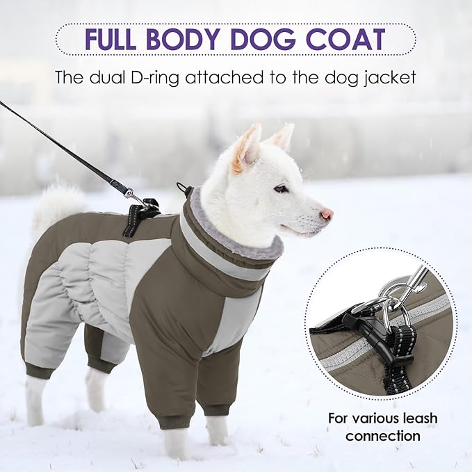 SUNFURA Full Body Dog Coat - Warm Fleece Jacket for Large Dogs, Turtleneck Winter Coats with Harness, Reflective Windproof Dog Snowsuit with Legs for Labrador,Golden Retriever, Army Green 2XL