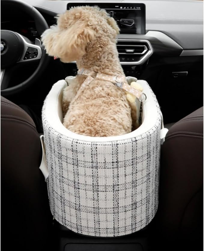 Pet Car Seat for Small Dogs & Cats, Large Space with Soft Cushion, Removable Design, Secure Straps, Fits Most Vehicles (Beige Plaid, 9.8 * 17.7 * 9.8inches)