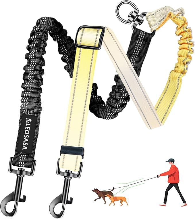 Double Dog Leash for Two Dogs - Gradient Color No Tangle Swivel Dog Coupler with Heavy Duty Clip, Size Adjustable Bungee Leash Attachment for Small, Medium, Large 2 Dogs, Style 3