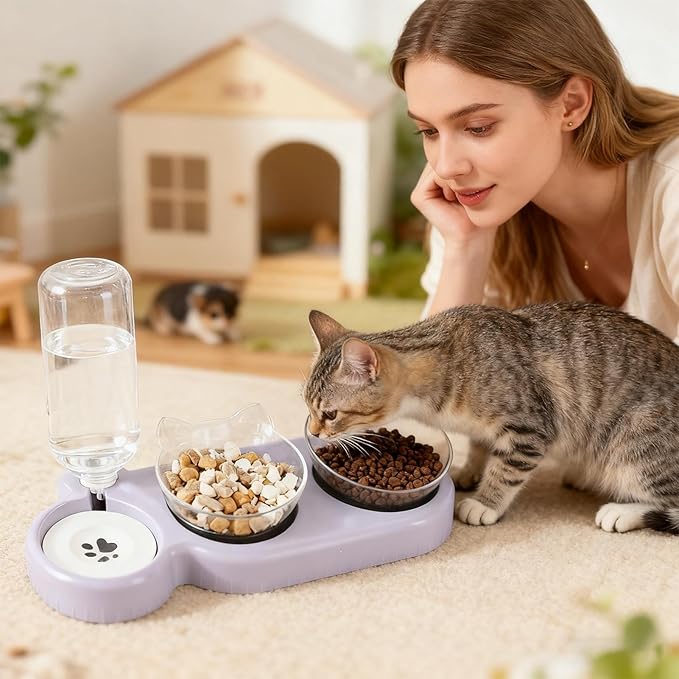 Dog Feeders Automatic Anti-Tip Bowls - 15 Degree Tilted Dogs Feeder Set | for Doggy Puppy Kitten Medium Large All Breeds Home Night Balcony Long Trips Indoor Daily