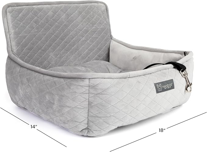 Nandog Pet Gear Luxury Dog Car Seat Bed w/Removable & Washable Pad Insert & Thick Car Seatbelt Straps - Secure, Comfortable, Easy-to-Clean Pet Carrier (Light Grey, 18" L x 16" W in)