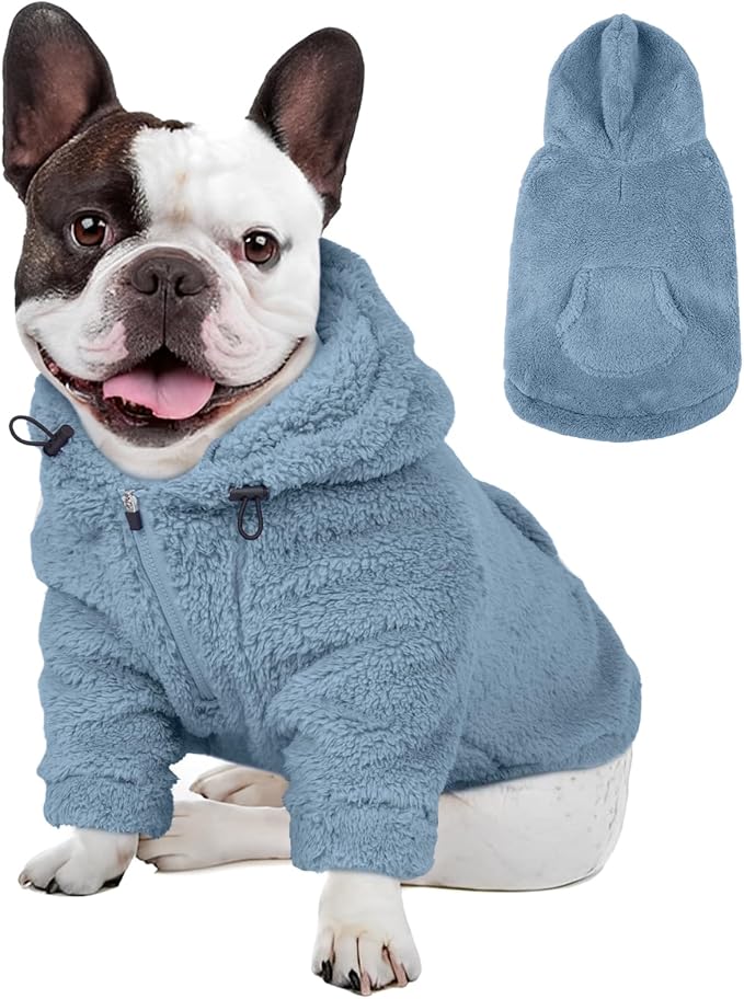 IDOMIK Fuzzy Dog Sweater with Adjustable Hood, Warm Fleece Dog Sweater Hoodie with Harness Hole & Pocket, Pullover Sweaters for Medium Dogs, Fuzzy Hooded Sweatshirt for Fall Winter Christmas,Blue,M