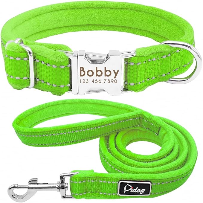 Dog Collar Leash Set Personalized Soft Reflective Dogs Collars Lead Padded for Small Medium Large Dogs French Bulldog Pitbull Green S