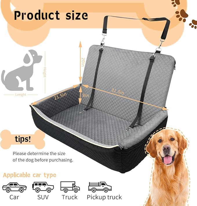 Large Dog Car Seat Under 60 lbs or 2 Small Dogs Dog Bed for Car Back Seat with Seat Belt Fixation The Seat Fabric Soft and Comfortable Removable and Washable.(Black Brown)