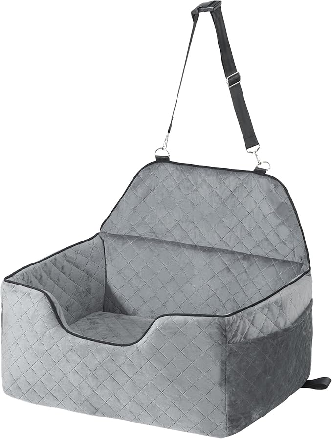 Happybuy Dog Car Seat, Dog Booster Seat for Car with A Storage Pocket, Pet Car Seat with Clip-On Safety Leash, Sponge Filling, Dog Car Bed for Medium & Large Dog up to 55 lbs, Gray