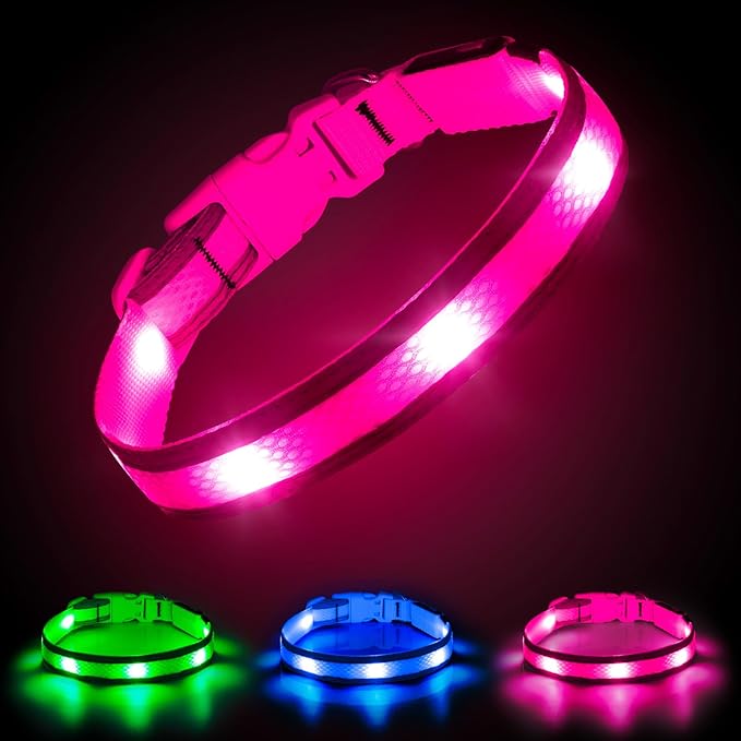 Illumifun LED Dog Collar, USB Rechargeable Light Up Dog Collar Glow in The Dark, Adjustable Safety Pet Collar for Night Walking (Small, Light Pink)