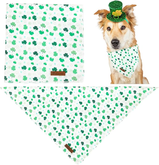 St. Patrick's Dog Bandana, Shamrock Triangle Bid Scarf for Medium Large Dogs, Cotton Kerchief for Girl Boy Puppies, Cute Spring Green Bandana