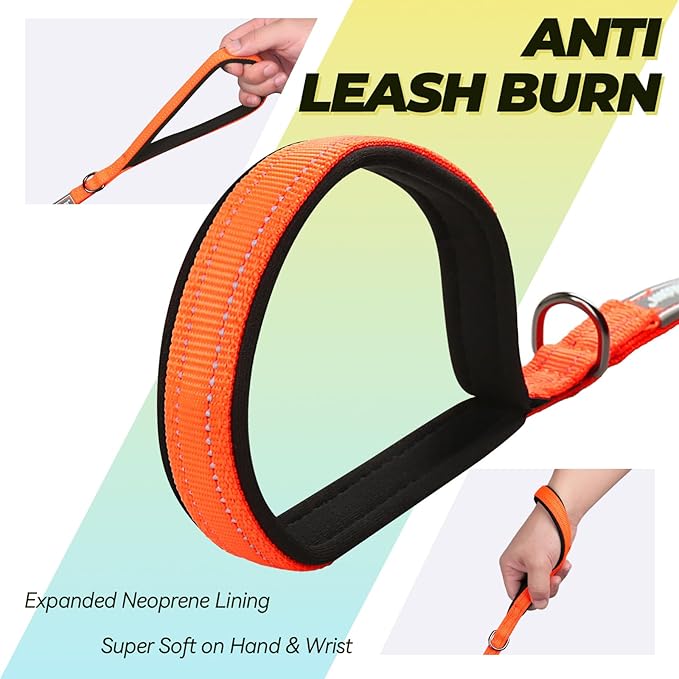VIVAGLORY Twingrip Dog Leash, Double Handle Dog Leash for Training & Walking with Traffic Handle & 2 Loop, Traffic Control Reflective Heavy Duty for Puppy Pet, 4ft x 1/2in, Orange