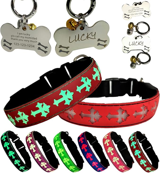 LED Dog Collar with ID Tag Set, Glowing Cross Pattern, Multiple Colors, Silicone Material (RED, S(7.87-11.8"))