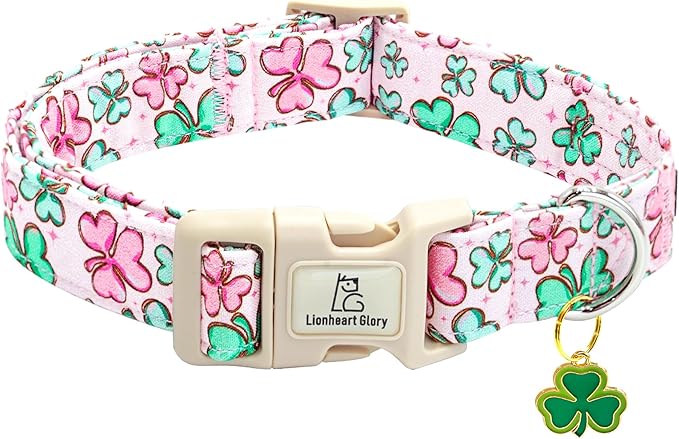 Lionheart Glory St. Patrick Dog Collar - Pink Clover Collar for Medium Dogs Spring Female Dog Collar Adjustable Heavy Duty Collar with Plastic Buckle
