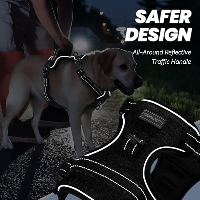 VIVAGLORY Dog Harness Easewalk No Pull Dog Harness with Handle Front Clip & Back Clip for Training Walking Lifting, No Pull Adjustable Easy On Padded Comfortable for Pet, S, Black - Plain