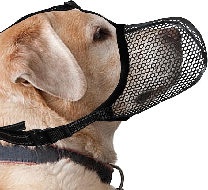 Black Dog Muzzle, Breathable Soft for Large Dogs to Prevent Barking Biting Chewing, Reflective & Adjustable Basket Muzzle with Air Mesh for Doberman Black XL
