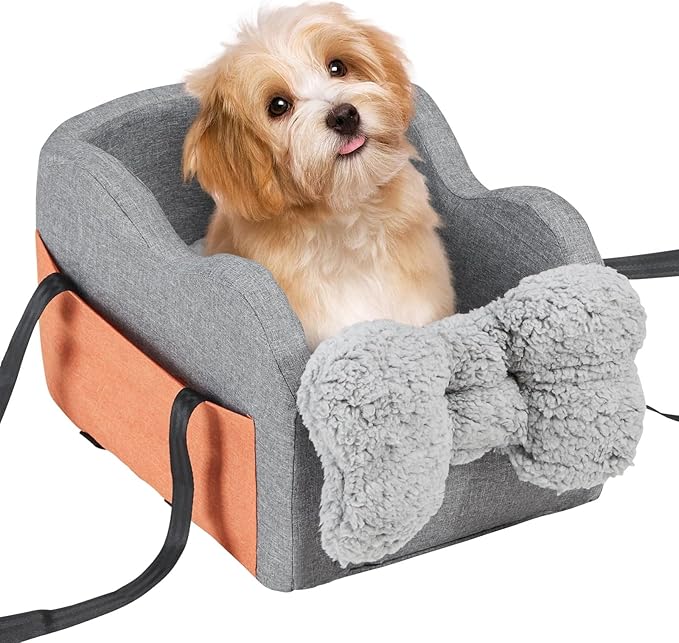 Pet Car Seat for Small Dogs, Oxford Fabric Console Booster with Safety Leash, Dark Gray, Fits Pets up to 8lbs, 17.72x10.63x9.06 Inches