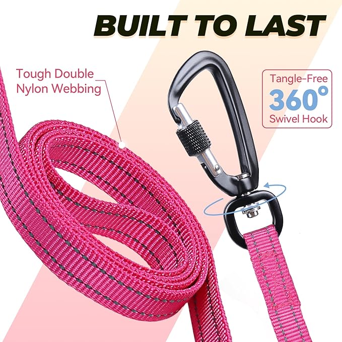 VIVAGLORY Dog Leash Lighthook Double Handle Dog Leash with Traffic Handle & Locking Carabiner for Walking & Training, Traffic Control Lightweight Carabiner for Puppy Pet, 6ft x 1/2in, Pink