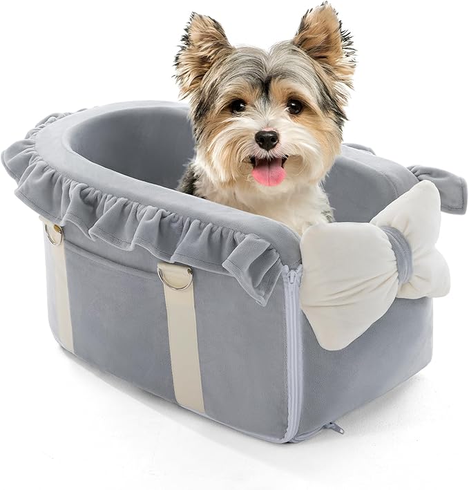 Jaoul Dog Car Seat for Small Dogs - Fully Detachable with Adjustable Straps Center Console Dog Booster Seat - Comfortable Bow Design Pet Car Seats - Portable Pet Booster Seat for Puppy, Cat (Gray)