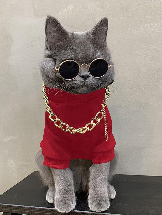 QWINEE 3Pcs Dog Hoodie Cat Apparel Dog Custume Set with Necklace and Sunglasses Pet Clothes for Puppy Small Medium Dogs Cats Red XXL
