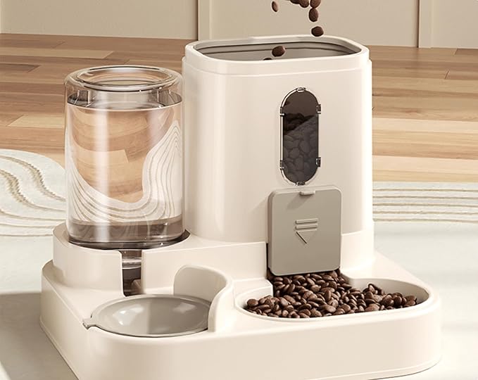 Automatic Pet Feeder and Water Dispenser, 2-in-1 Food and Water Station, Beige, Gravity Fed with Storage Container (Gray)