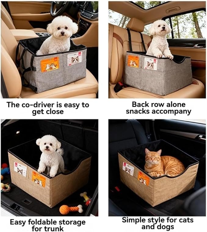 Portable Foldable Cat Dog Car Seat for Small Dogs Spacious Travel Bed with Clip-On Safety Leash Comfy Carseat with Storage Pockets Cat Puppy Car Travel Carrier Bed (Khaki)