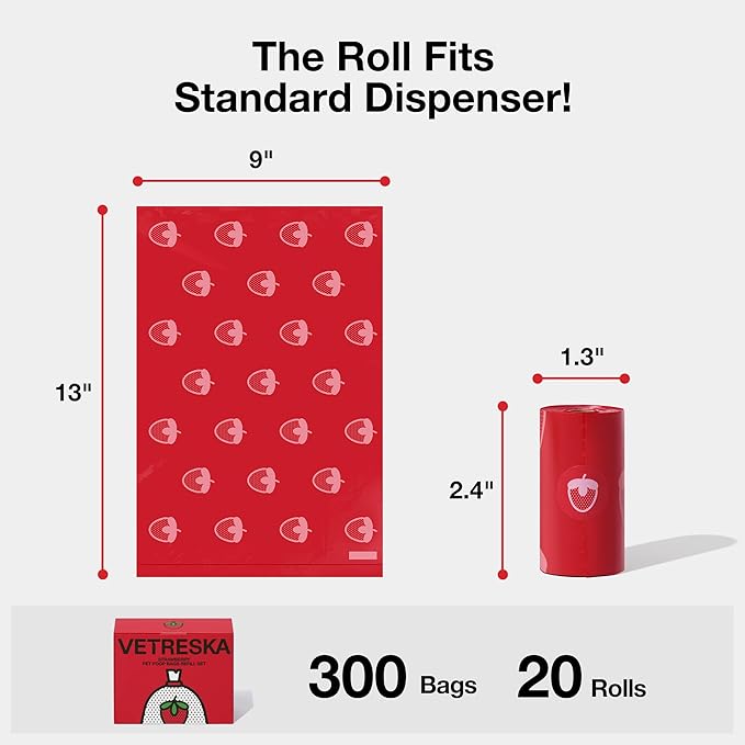 VETRESKA Strawberry Scented Dog Poop Bags, Leak Proof, Extra Thick and Large Pet Waste Bags for Dogs Walking and Cat Litter, 20 Refill Rolls, 300 Bags, Red