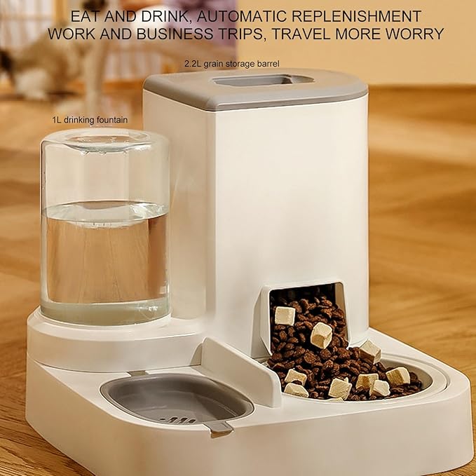 Pet Water Dispenser Food Feeder, Pets Automatic Feeder Waterer Set Detachable 2 in 1 Safe One Piece Design for Indoor (Grey)