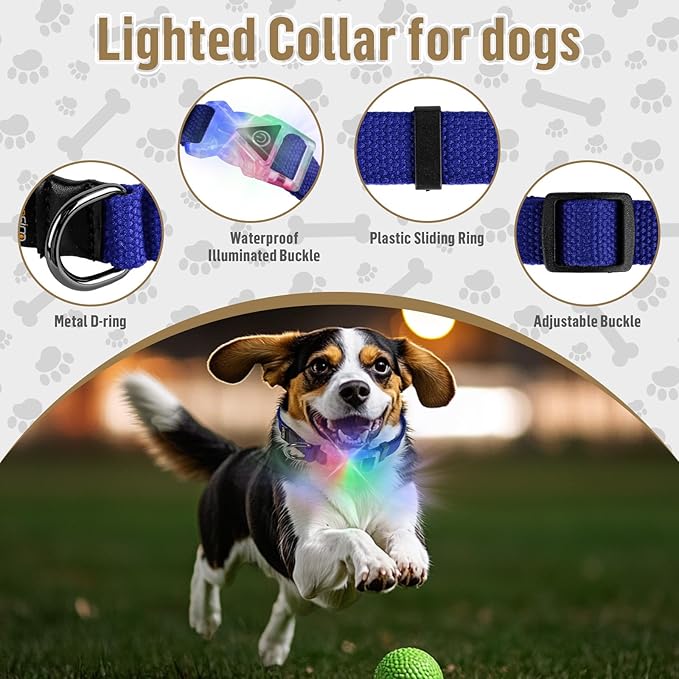 Small Light Up Dog Collar, Cotton Blue Dog Collar Girl Boy, Lighted Dog Collars for Night, IP67 Waterproof Lighted Dog Collars for Small Dogs with Buckle, D-Ring (9.8"-15.7" L, 3/4" W)