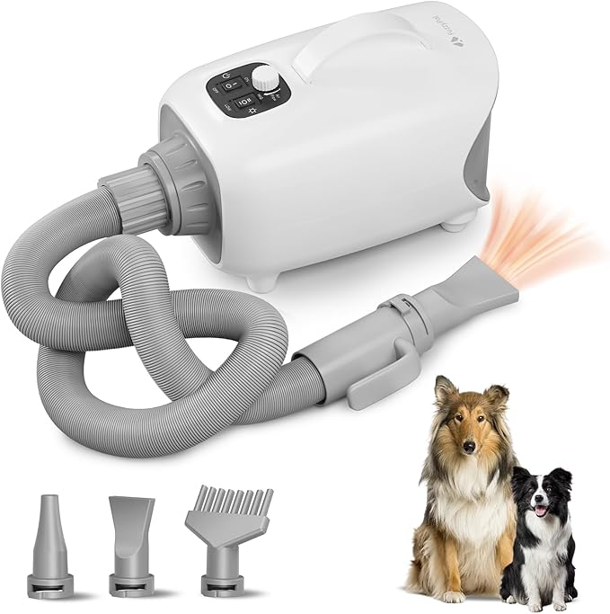 High Velocity Dog Hair Dryer for Pet Grooming – 150 MPH Airflow, Adjustable Temperature, and 3 Nozzles for Efficient Drying of Dogs, Cats, and Furry Friends