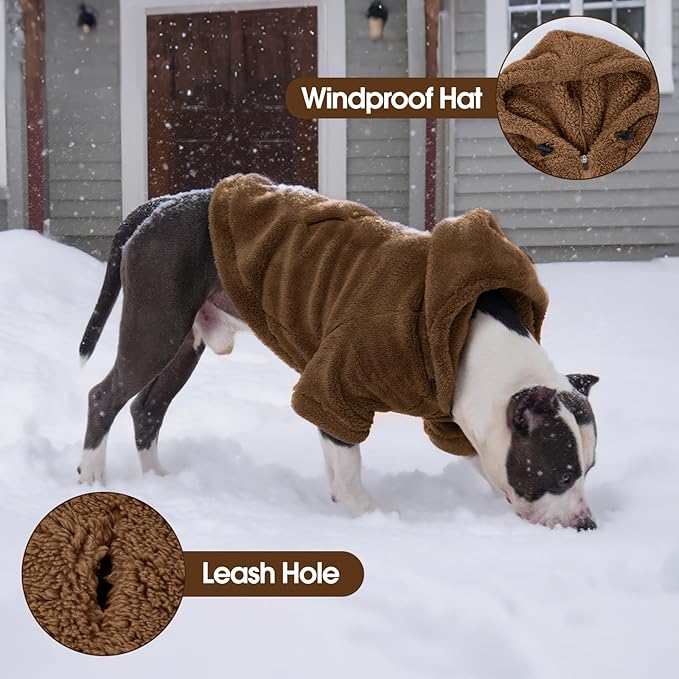 IDOMIK Fuzzy Dog Sweater with Adjustable Hood, Warm Fleece Dog Sweater Hoodie with Harness Hole & Pocket, Pullover Sweaters for Small Dogs, Fuzzy Hooded Sweatshirt for Fall Winter Christmas,Brown,XS