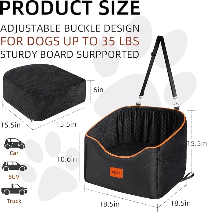 MCY Dog Car Seat for Small Dogs, Elevated Pet Car Seat, Travel Safety Pet Seat for Dogs up to 35 lbs, Memory Foam Booster Dog Seat with Washable Removable Cover, Storage Pockets, Black (Black)