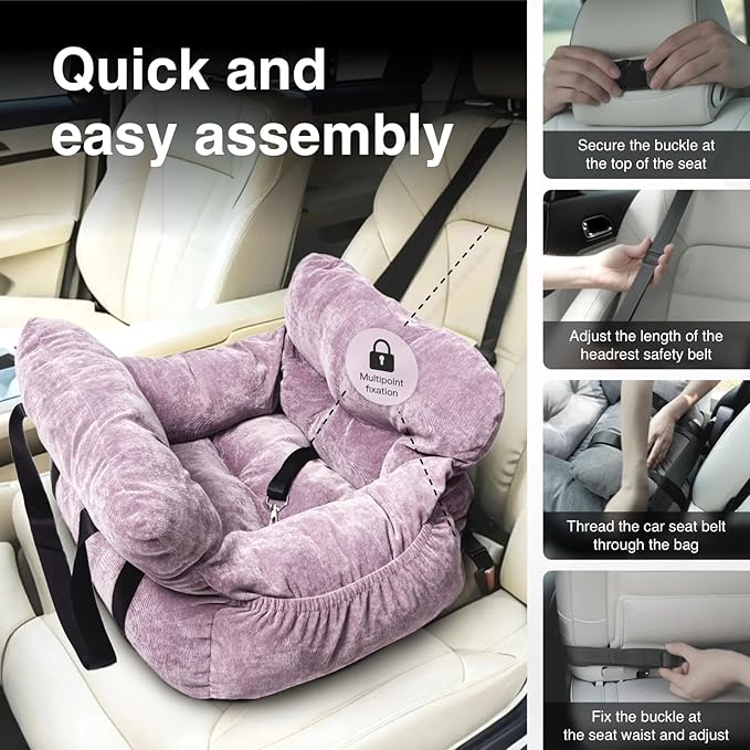 Pet Car Booster Seat for Small Dogs up to 25 lbs with Safety Straps, Storage Pockets, Travel Carrier Bed with Detachable Cover, Machine Washable (Light Purple)