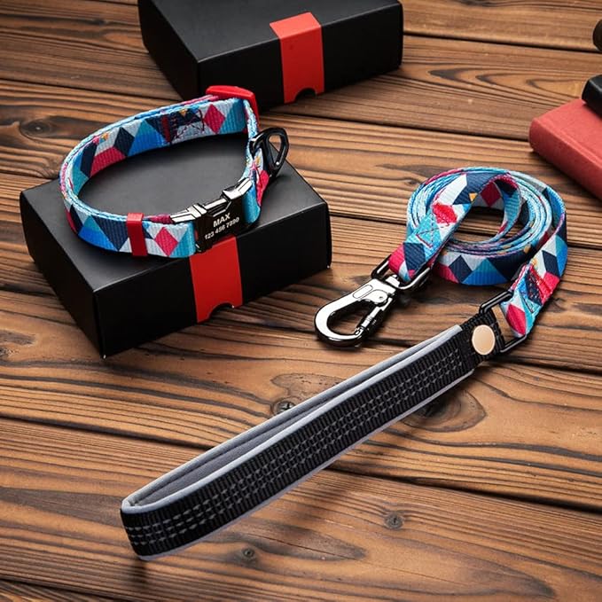 Nylon Dog Collar Leash Set Soft Personalized Dogs Collars Lead Padded with Safety Buckle for Small Medium Large Dogs Pet Pitbull Blue S