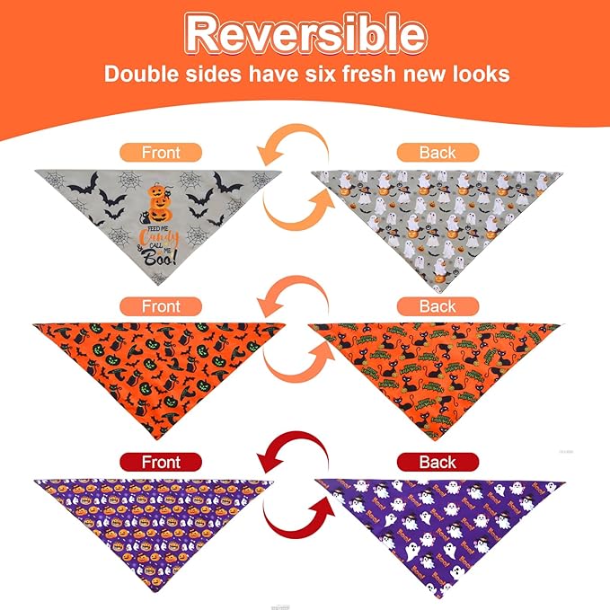 Halloween Dog Bandanas Large 3PCS, 6 Pattern Fall Scarf for Boy and Girl, Triangle Reversible Bibs Breed for Puppy Pets
