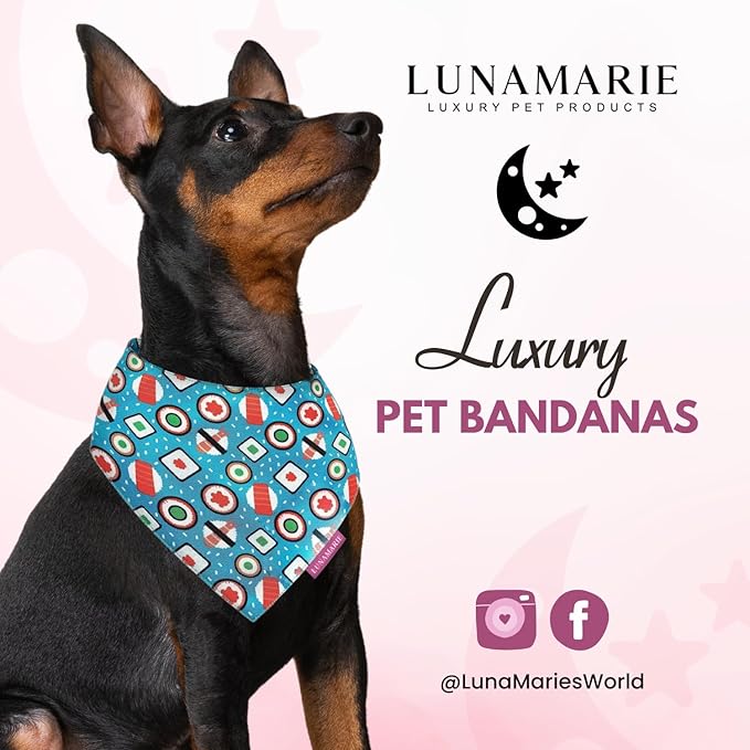 LunaMarie - Luxury Pet Birthday Bandanas -Premium & Silky Poly Fabric | 100% Handmade | Custom Shape Dual Layered (Sushi, Medium)