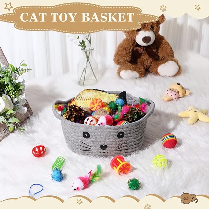 Zopeal 58 Pcs Cat Storage Basket Gift Toys Set, Colorful Flashing Balls Pet Bell Crinkle Balls Spring Toys Attract Cat to Swat, Hunt, Interactive for Pet(Grey,9.8 Inch)