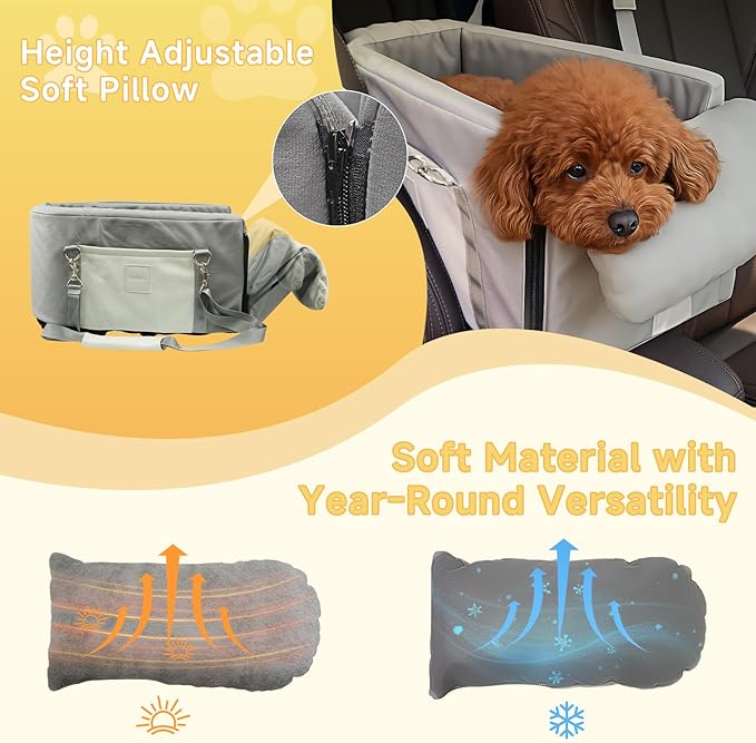 Center Console Dog Car Seat, Dog Car Seats for Small Dogs and Cats with Safety Belt and High Density Sturdy Foam Up to 15Lbs, Leather Grey