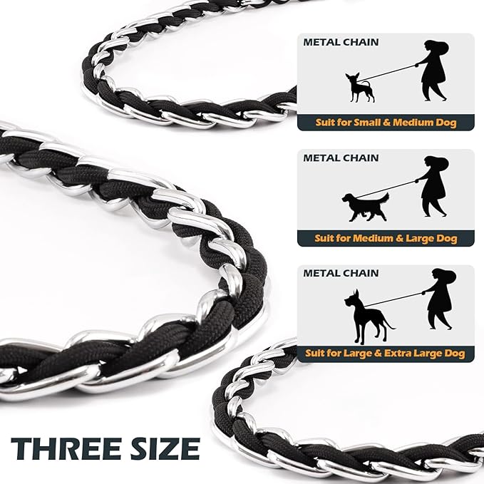 Chain Dog Leash Chew Proof Metal Leash for Medium Large Dogs, Chain Link Dog Leash Anti Chew 5.2FT Strong Anti Bite Dog Leash Comfortable Soft Padded Handle Black 3.0