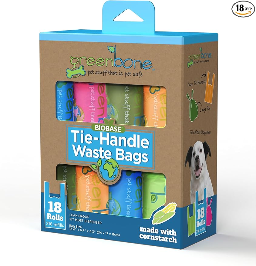 Greenbone BioBase Cat or Dog Poop Bags Rolls with Handle Tie, Large Leak Proof- Pink, Green, Orange, Blue Variety bulk pack -18 rolls - 216 refills