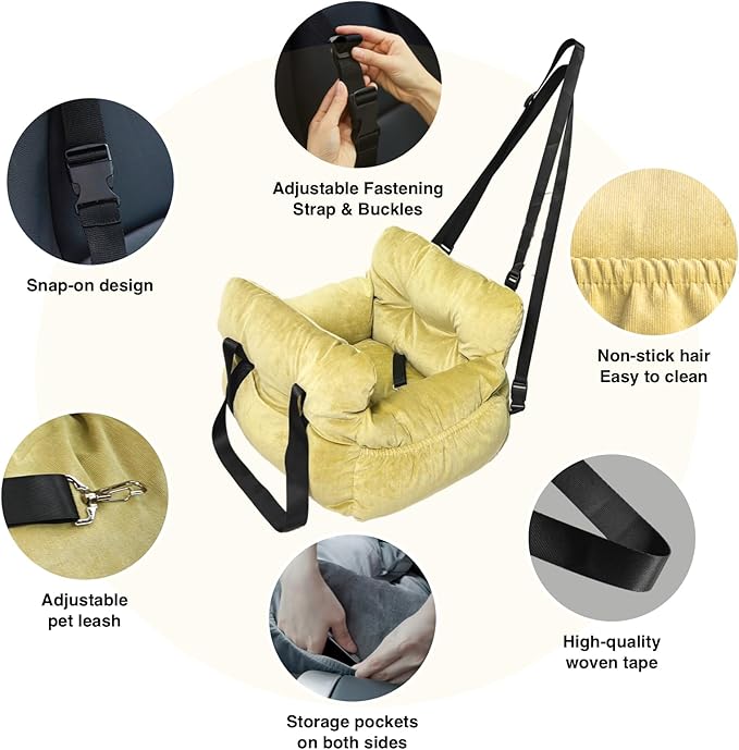 Pet Car Booster Seat, Soft Corduroy, Small Dog Cat Carrier with Safety Straps, Storage Pockets, 18x16x9 Inch, for Pets Under 25 lbs (Lemon Green)