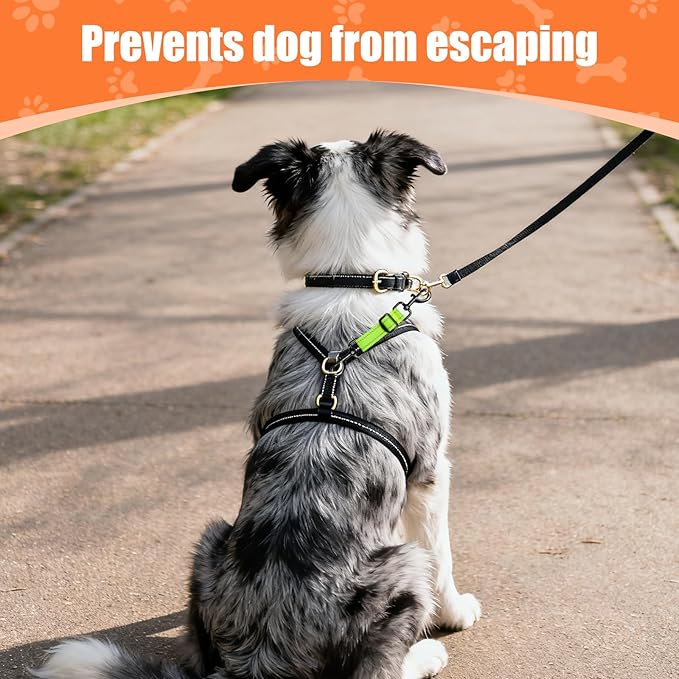 Dog Collar Safety Clip, Adjustable Backup Safety Strap, Double-Ended Leash Connector, High Reflectivity, Suitable for Dog Harnesses to Collar Safety Clips (Neon Green)