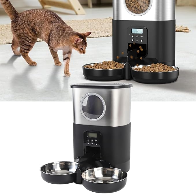 Automatic Pet Feeder, 5L Quantitative Feeding Stainless Steel 2 Bowls Dog Food Dispenser Large Capacity Automatic Timed Cat Feeders with Visable Window for Cats Dogs (Black)