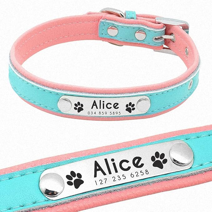 Personalized Dog Collars Leather Padded Customized Dogs Collars Name ID Collar for Small Medium Dogs Cats Blue Pink Black Red